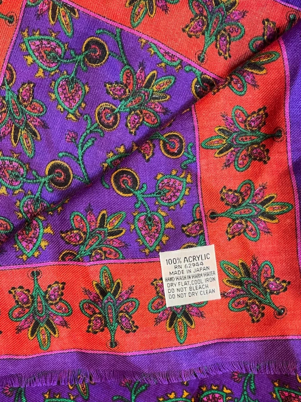 Vintage Purple & Red Paisley Boho Fringe Square Scarf Retro Statement Wrap Japan